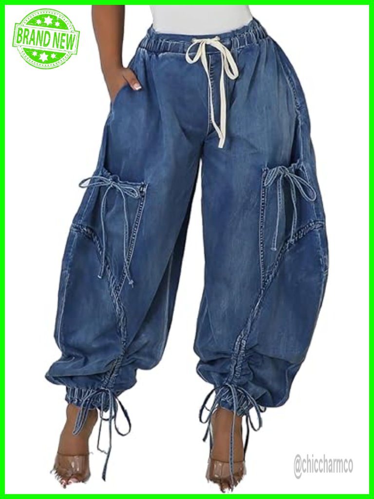 High Waist Wide Leg Baggy Cargo Jeans Drawstring Jogger Sweatpants